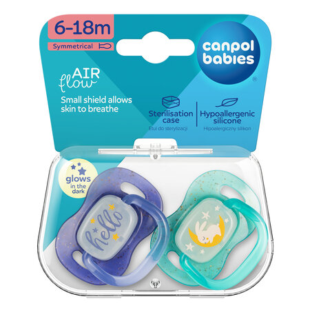 Canpol babies Silicone Symmetrical Soother 6-18m NightGlow 2psc blue​