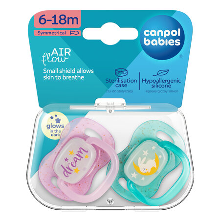 Canpol babies Silicone Symmetrical Soother 6-18m NightGlow 2psc pink
