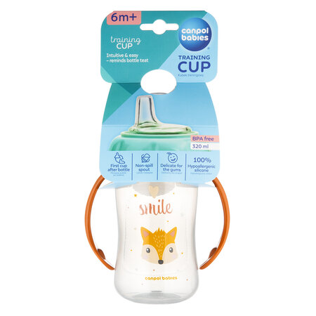 Canpol babies Training Cup with Soft Silicone Spout 320 ml CUTE ANIMALS Orange