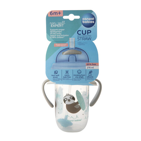 Canpol babies non-spill cup with weighted straw 270ml EXOTIC ANIMALS - Grey
